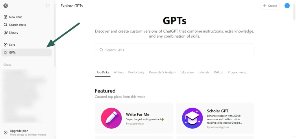 Click on Custom GPTs